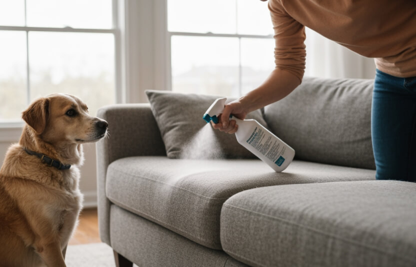 Хозяин обрабатывает диван спреем от блох, рядом сидит собака